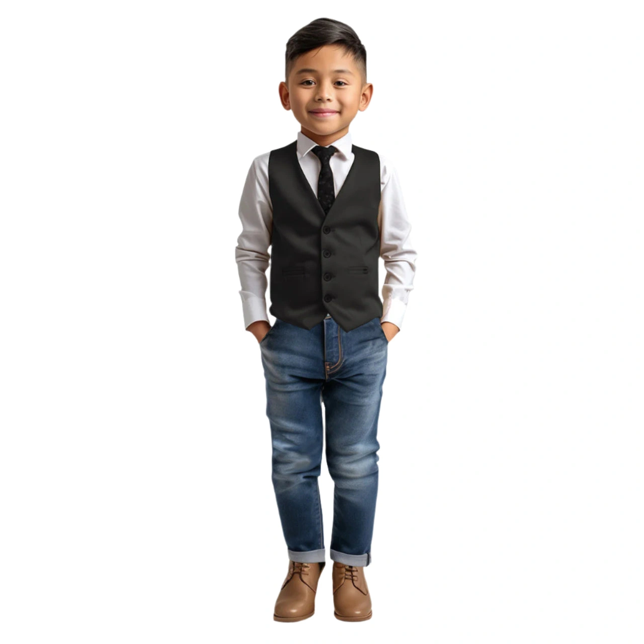 Zegarie Ragazzo Abito Nero, Gilet Elegante 4 Bottoni: Stile e Classe Assicurati!