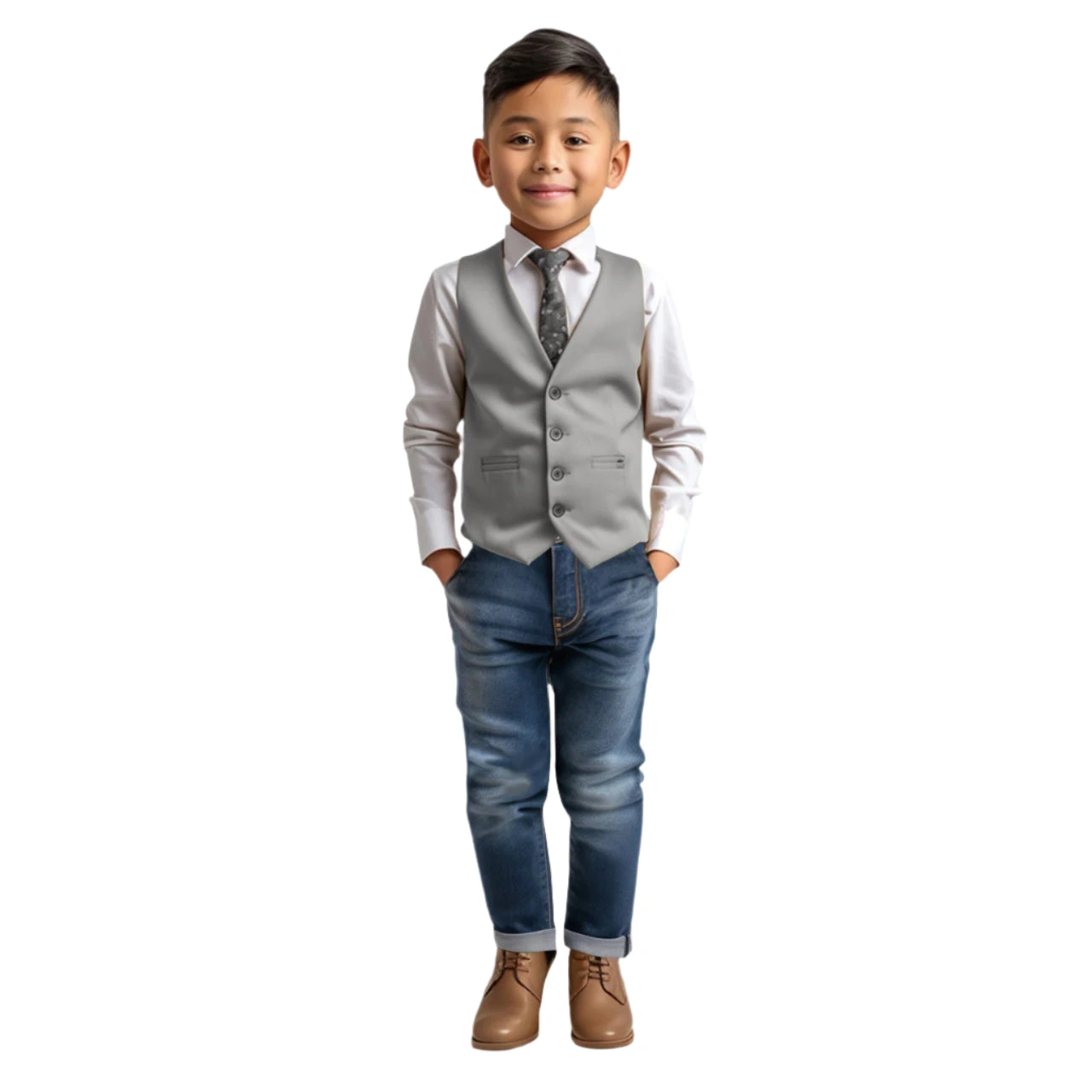 Zegarie Abito Separato Bambino Grigio Chiaro: Eleganza Impeccabile con Gilet a Quattro Bottoni.
